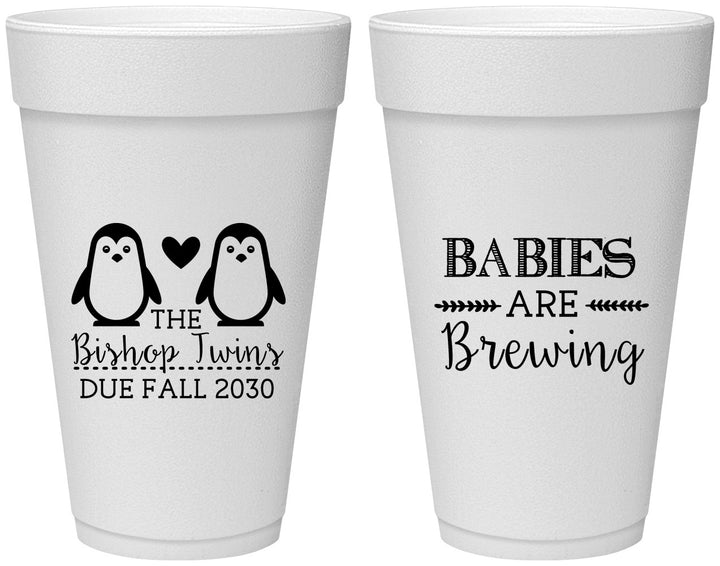 Personalized Baby Shower 20 oz Foam Cups - Twins Baby Penguins | 90070