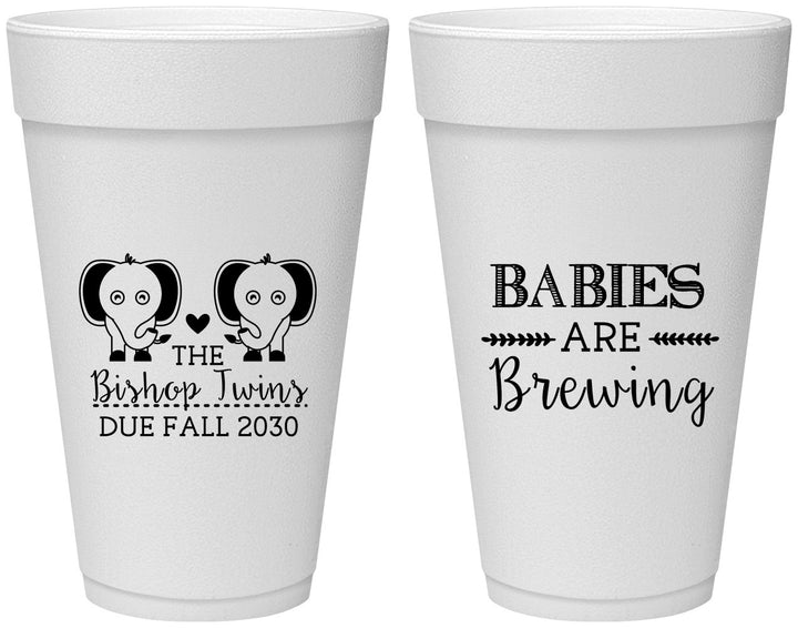 Personalized Baby Shower 20 oz Foam Cups - Twins Baby Elephant | 90071