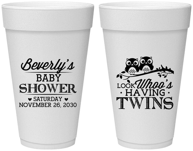 Personalized Baby Shower 20 oz Foam Cups - Twins Baby Owls | 90074