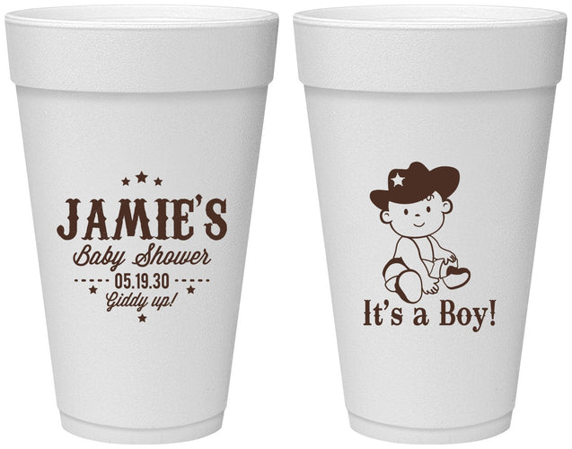 Personalized Baby Shower 20 oz Foam Cups - Cowboy It’s A Boy | 90078