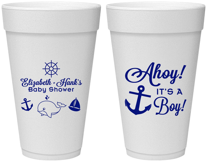 Personalized Baby Shower 20 oz Foam Cups - Nautical Ahoy It’s A Boy | 90093