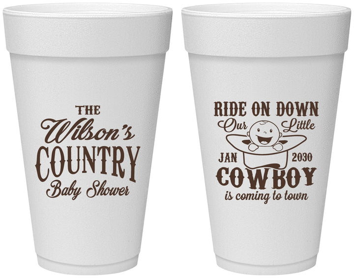 Personalized Baby Shower 20 oz Foam Cups - Cowboy Coming To Town | 90105