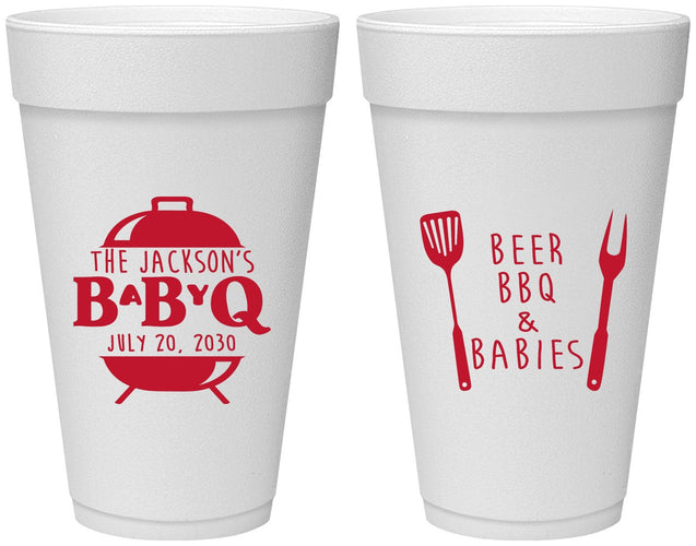 Personalized Baby Shower 20 oz Foam Cups - Beers Bbq Babies | 90112
