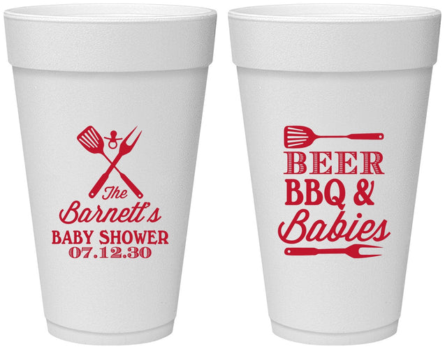 Personalized Baby Shower 20 oz Foam Cups - Beers Bbq Babies | 90113