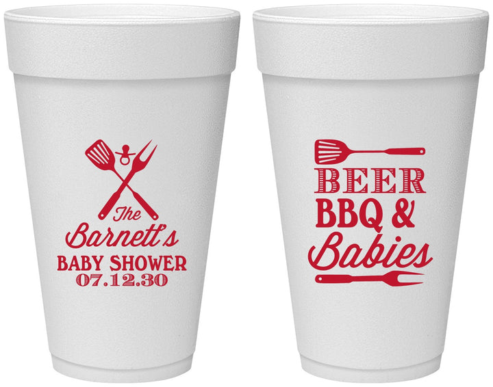 Personalized Baby Shower 20 oz Foam Cups - Beers Bbq Babies | 90113