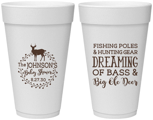 Personalized Baby Shower 20 oz Foam Cups - Fishing Hunting | 90119
