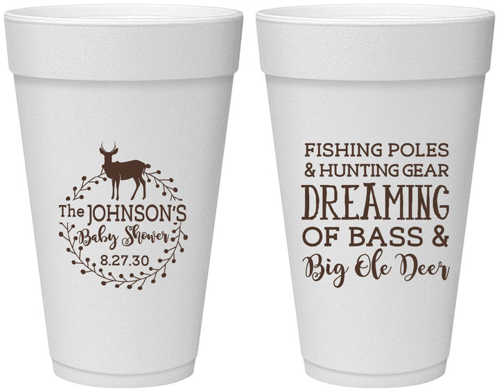 Personalized Baby Shower 20 oz Foam Cups - Fishing Hunting | 90119