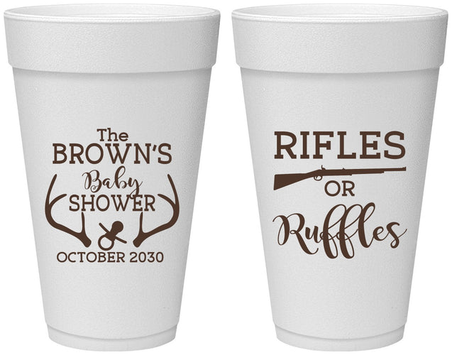 Personalized Baby Shower 20 oz Foam Cups - Rifles Or Ruffles | 90122