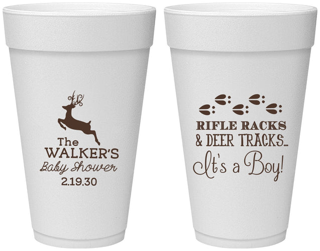 Personalized Baby Shower 20 oz Foam Cups - Rifle Racks Deer Tracks | 90128