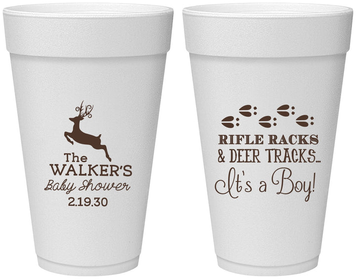 Personalized Baby Shower 20 oz Foam Cups - Rifle Racks Deer Tracks | 90128