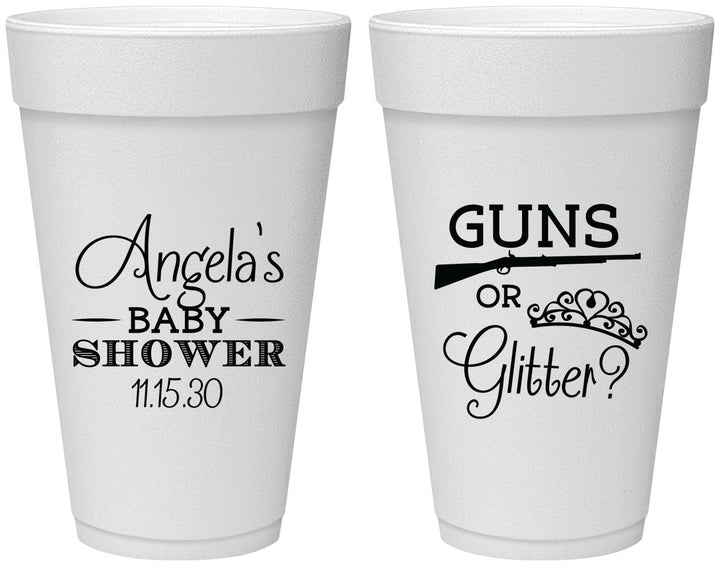 Personalized Baby Shower 20 oz Foam Cups - Guns Or Glitter | 90130