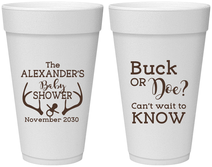 Personalized Baby Shower 20 oz Foam Cups - Gender Reveal Buck Or Doe | 90131