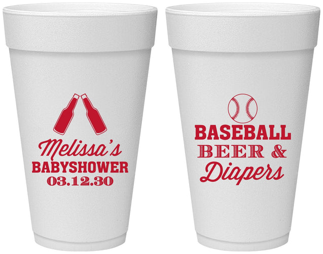 Personalized Baby Shower 20 oz Foam Cups - Baseball Beer Diapers | 90132