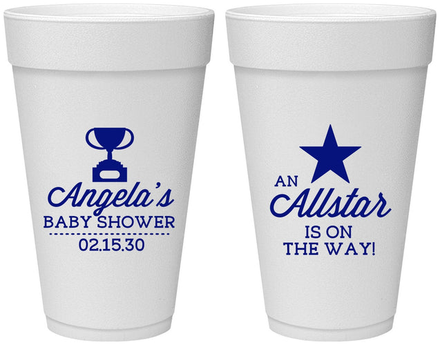 Personalized Baby Shower 20 oz Foam Cups - Allstar On The Way | 90140