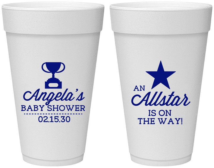 Personalized Baby Shower 20 oz Foam Cups - Allstar On The Way | 90140