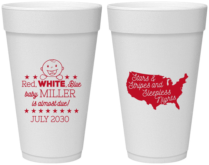 Personalized Baby Shower 20 oz Foam Cups - Red White Blue | 90197