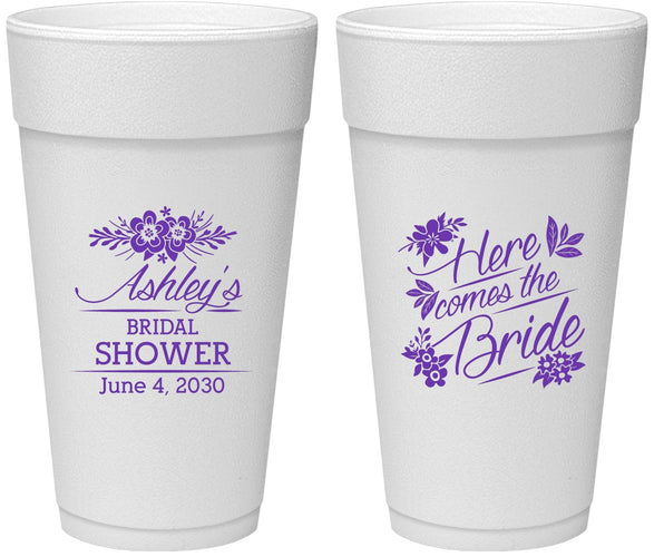 Personalized Bridal Shower 24 oz Foam Cups - Here Comes The Bride | 100000