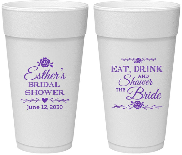 Personalized Bridal Shower 24 oz Foam Cups - Eat Drink Shower Bride | 100002