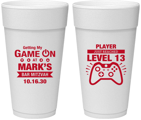 Personalized Bar Mitzvah 24 oz Foam Cups - 13th Birthday Video Game | 110013
