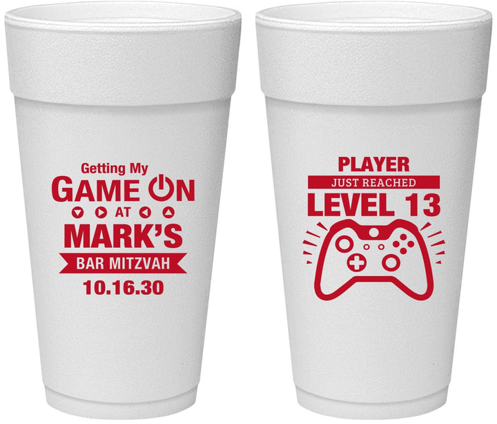 Personalized Bar Mitzvah 24 oz Foam Cups - 13th Birthday Video Game | 110013