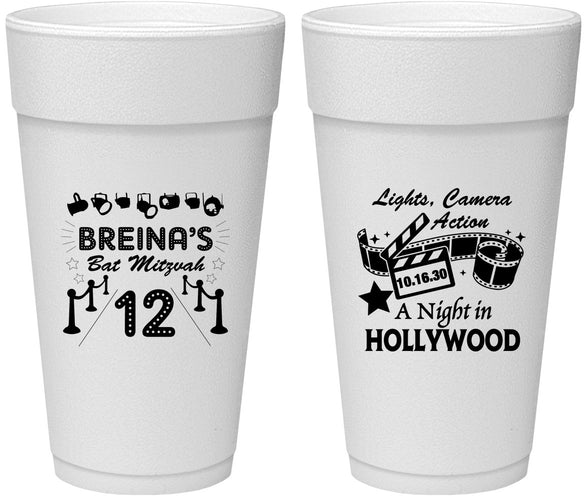 Personalized Bat Mitzvah 24 oz Foam Cups - 12th Birthday Hollywood | 120006