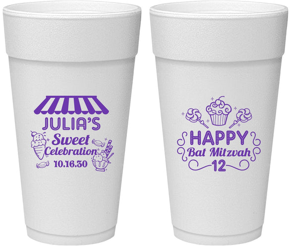 Personalized Bat Mitzvah 24 oz Foam Cups - 12th Birthday Cupcake | 120010