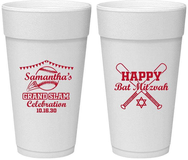 Personalized Bat Mitzvah 24 oz Foam Cups - 12th Birthday Softball | 120012