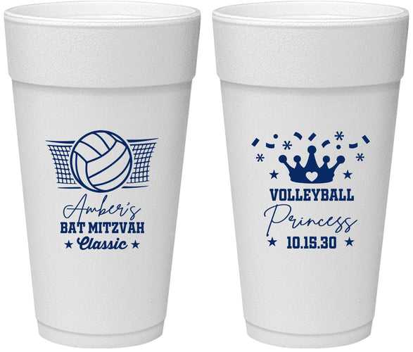 Personalized Bat Mitzvah 24 oz Foam Cups - 12th Birthday Volleyball | 120015