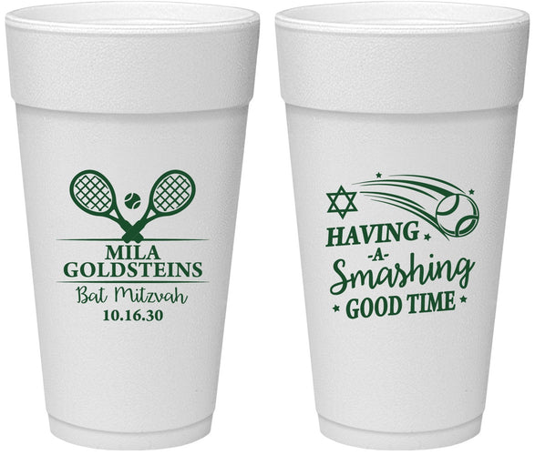 Personalized Bat Mitzvah 24 oz Foam Cups - 12th Birthday Tennis | 120018