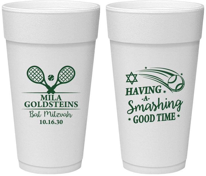 Personalized Bat Mitzvah 24 oz Foam Cups - 12th Birthday Tennis | 120018