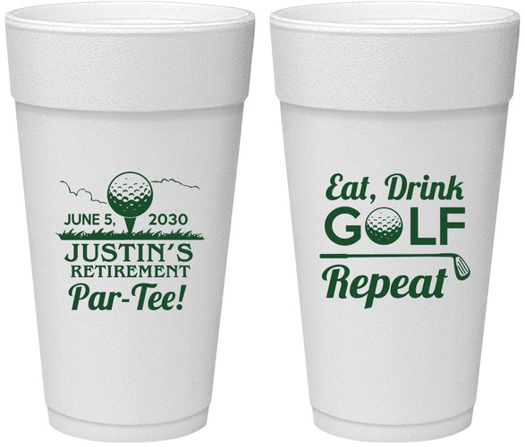 Personalized Retirement 24 oz Foam Cups - Eat Drink Golf Repeat | 150005