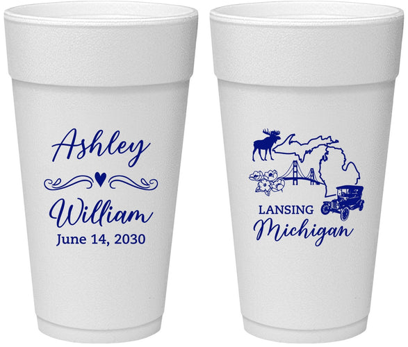 Personalized Wedding 24 oz Foam Cups - Michigan | 171
