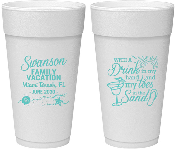 Personalized Family Vacation 24 oz Foam Cups - Beach Toes In The Sand | 180000