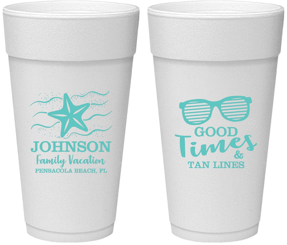 Personalized Family Vacation 24 oz Foam Cups - Good Times Tan Lines | 180003