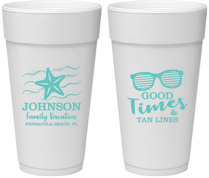 Personalized Family Vacation 24 oz Foam Cups - Good Times Tan Lines | 180003