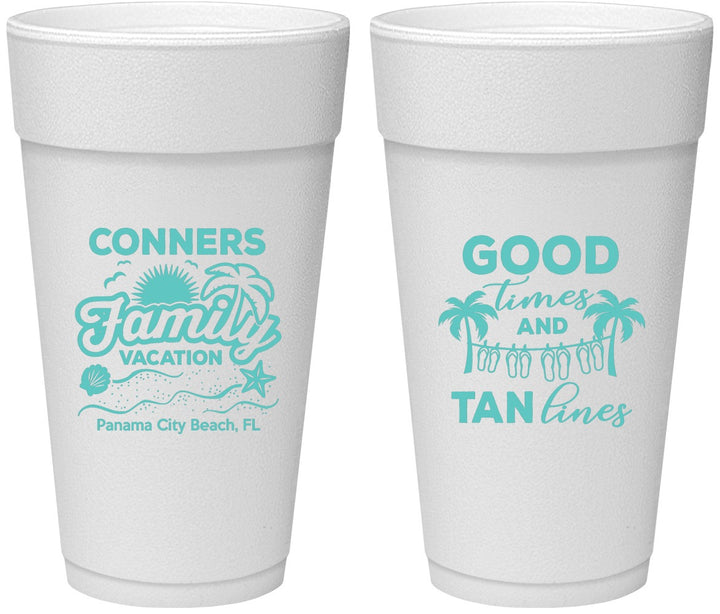 Personalized Family Vacation 24 oz Foam Cups - Good Times Tan Lines | 180005