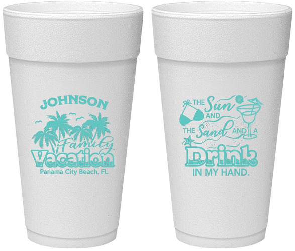 Personalized Family Vacation 24 oz Foam Cups - Sun And Sand Beach | 180007