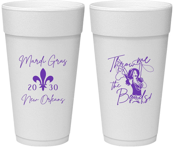 Personalized Mardi Gras 24 oz Foam Cups - Throw Me The Beads | 190008