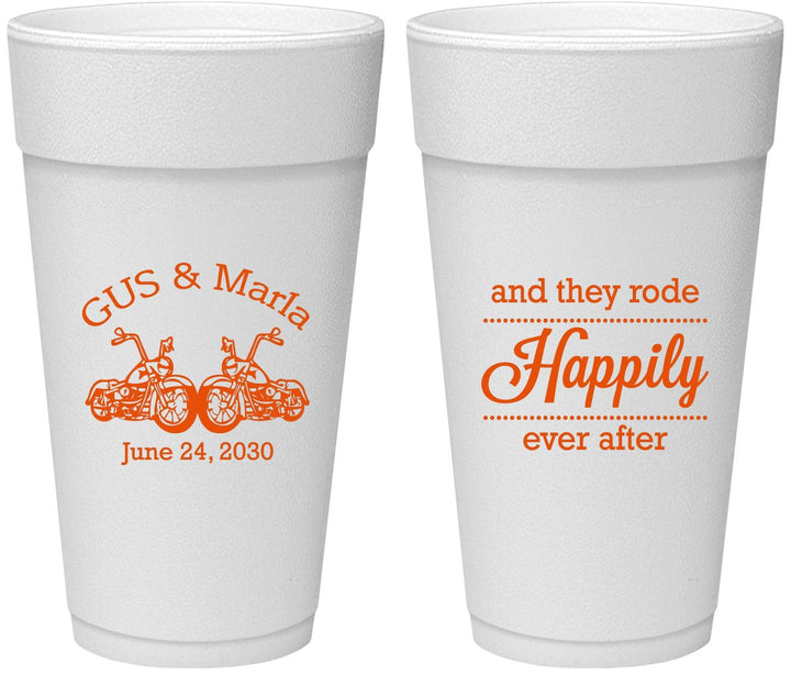 Personalized Wedding 24 oz Foam Cups - Happily Ever After Motorcycle | 200