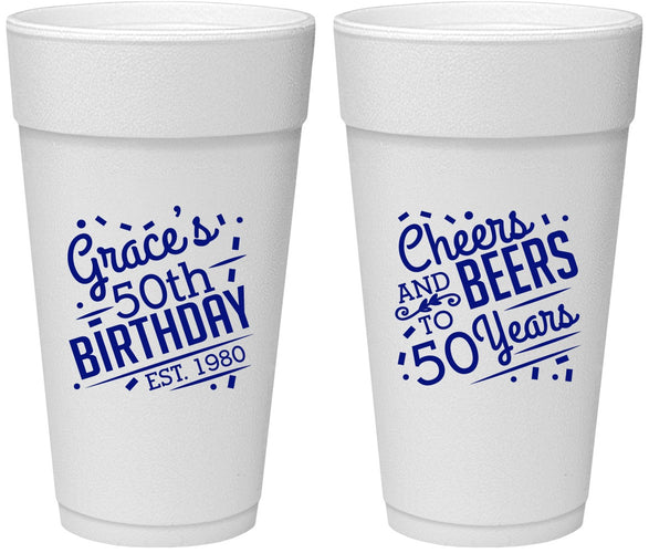 Personalized Birthday 24 oz Foam Cups - Cheers Beers To 50 Years | 20003