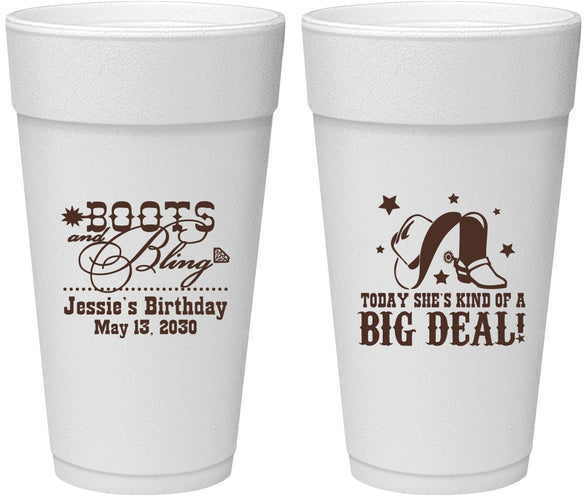 Personalized Birthday 24 oz Foam Cups - Boots And Bling | 20038