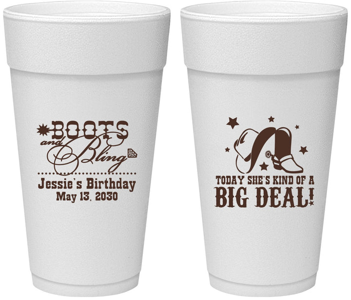 Personalized Birthday 24 oz Foam Cups - Boots And Bling | 20038