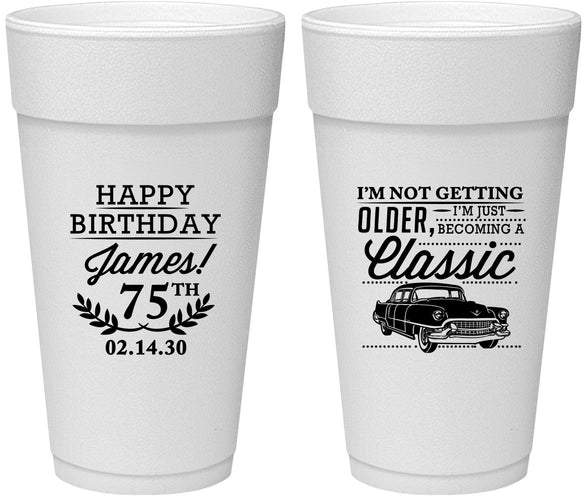 Personalized Birthday 24 oz Foam Cups - 75th Classic Car | 20055