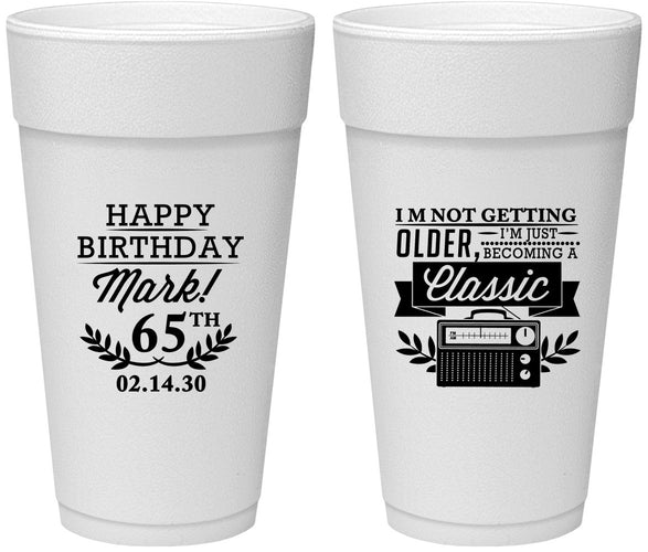 Personalized Birthday 24 oz Foam Cups - 65th Classic Radio | 20056