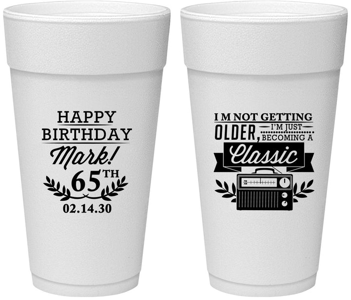 Personalized Birthday 24 oz Foam Cups - 65th Classic Radio | 20056