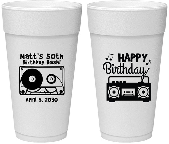 Personalized Birthday 24 oz Foam Cups - 50th Cassette Tape | 20117