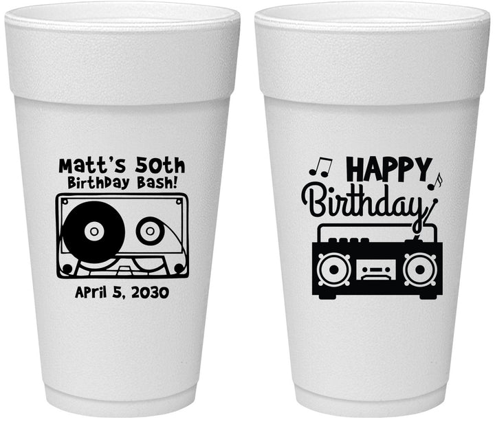 Personalized Birthday 24 oz Foam Cups - 50th Cassette Tape | 20117