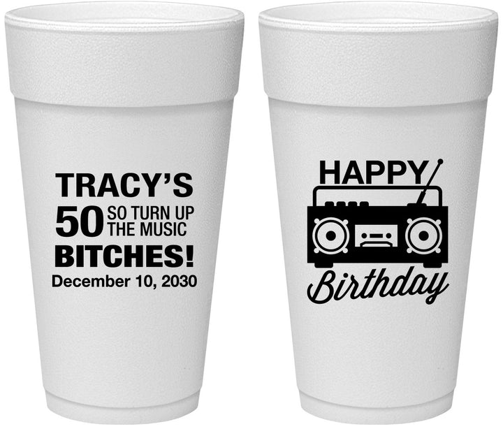 Personalized Birthday 24 oz Foam Cups - 50th Cassette Tape | 20118