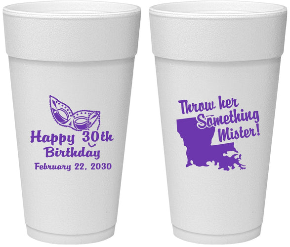 Personalized Birthday 24 oz Foam Cups - 30th Mardi Gras | 20146