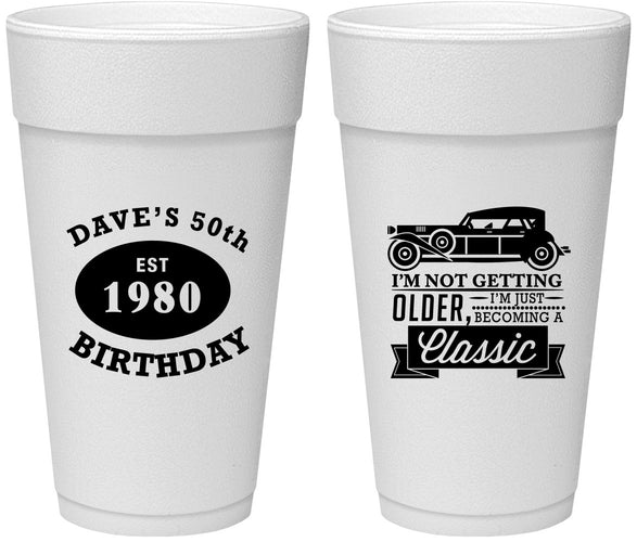 Personalized Birthday 24 oz Foam Cups - 50th Classic Car | 20156